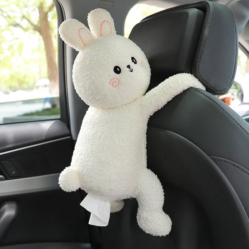 Plush animal design tissue box holder mounted on back of car seat