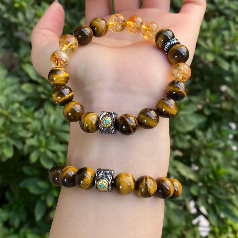 Citrine diamond gourd crystal bracelet, handmade unisex jewellery featuring a 10mm diamond-encrusted gourd charm, 10mm and 8mm beads in various natural crystal styles including topaz, prayer wheel, and disc designs.