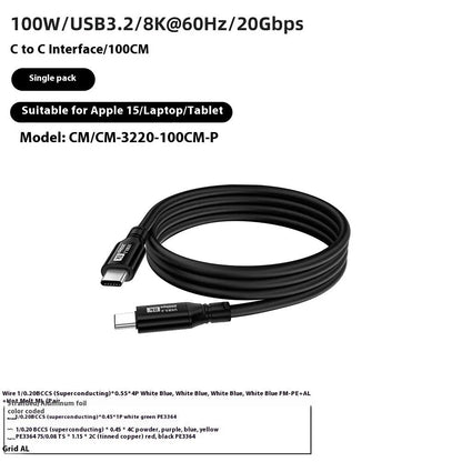 Black USB C to C HDMI cable with Type-C connectors, PVC jacket, and 8K 60Hz 20Gbps 100W ratings