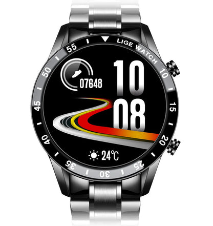 Stainless steel smart watch with black strap and 1.3-inch touch screen display.