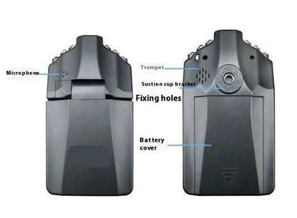 Driving recorder with 6 lights, night vision, motion detection, 1080p, and optional memory card.