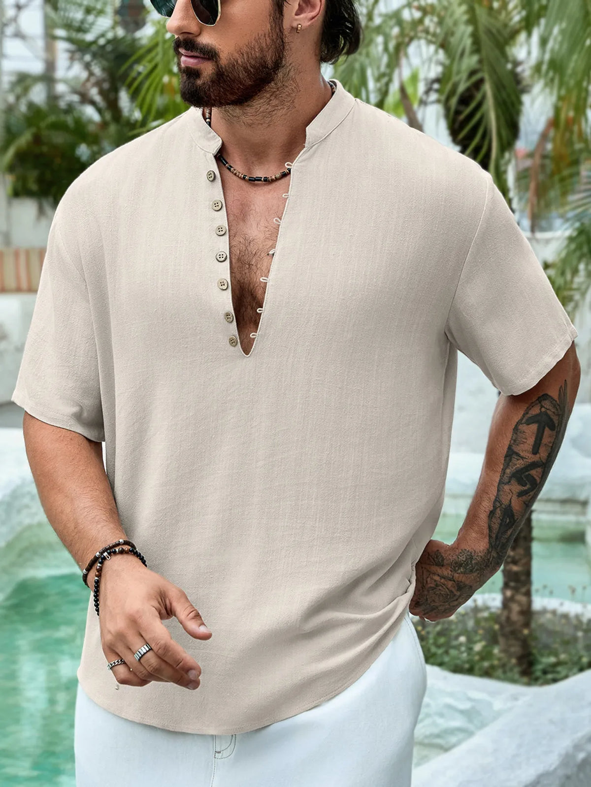 Men's deep V-neck short sleeve casual shirt in cotton linen blend available in multiple colours