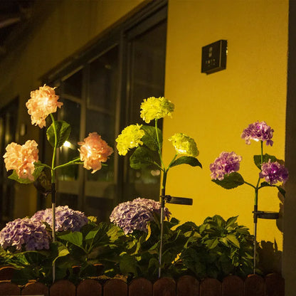 Solar powered hydrangea shaped garden floor light with rubber body in pink purple blue green or white
