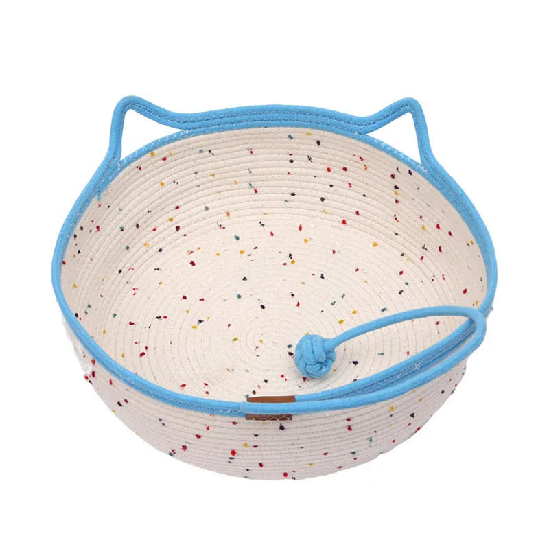Cotton and hemp rope cat nest mat pet bed, shown in small, medium, and large size options.
