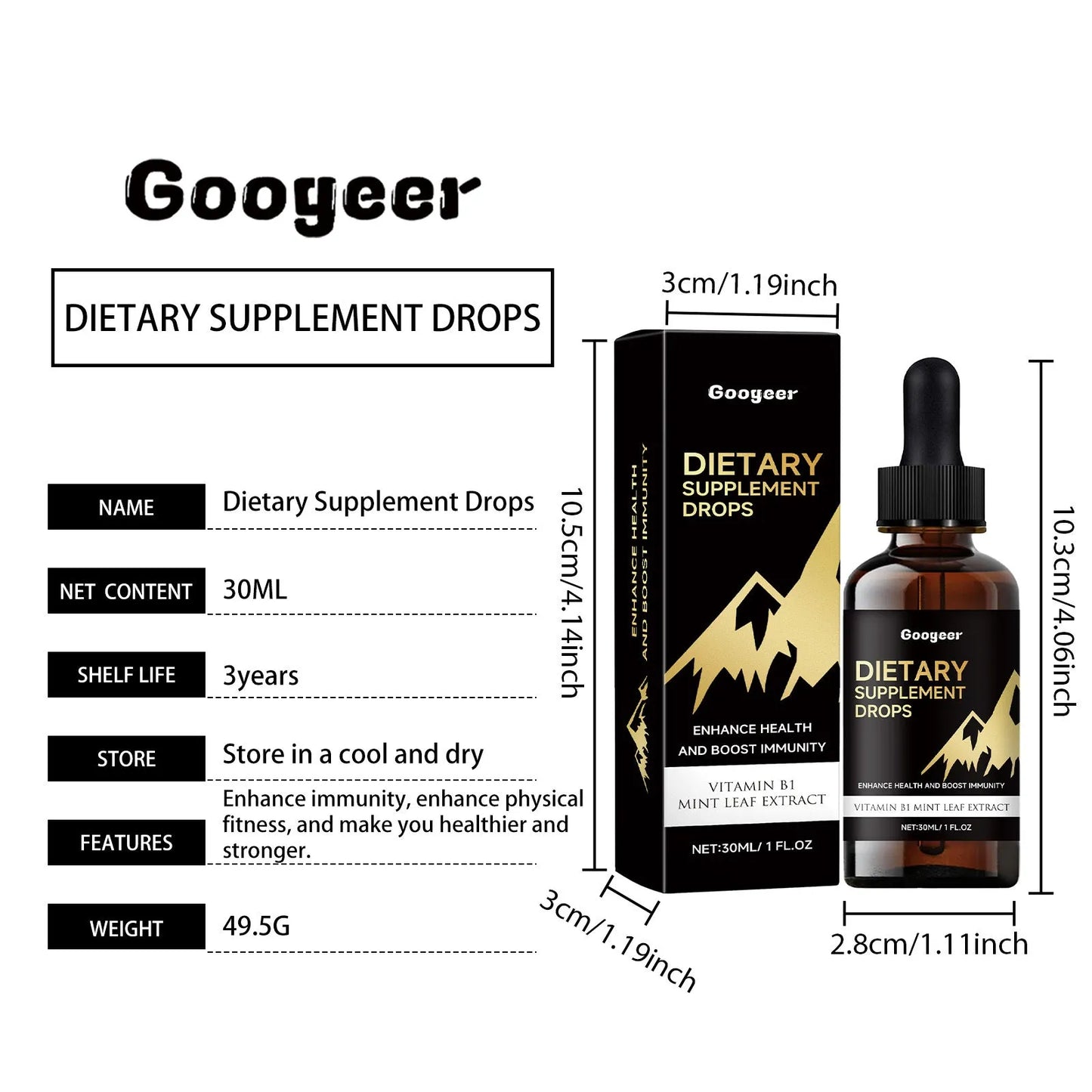 Liquid dietary supplement drops bottle with measurement dropper for precise dosage control