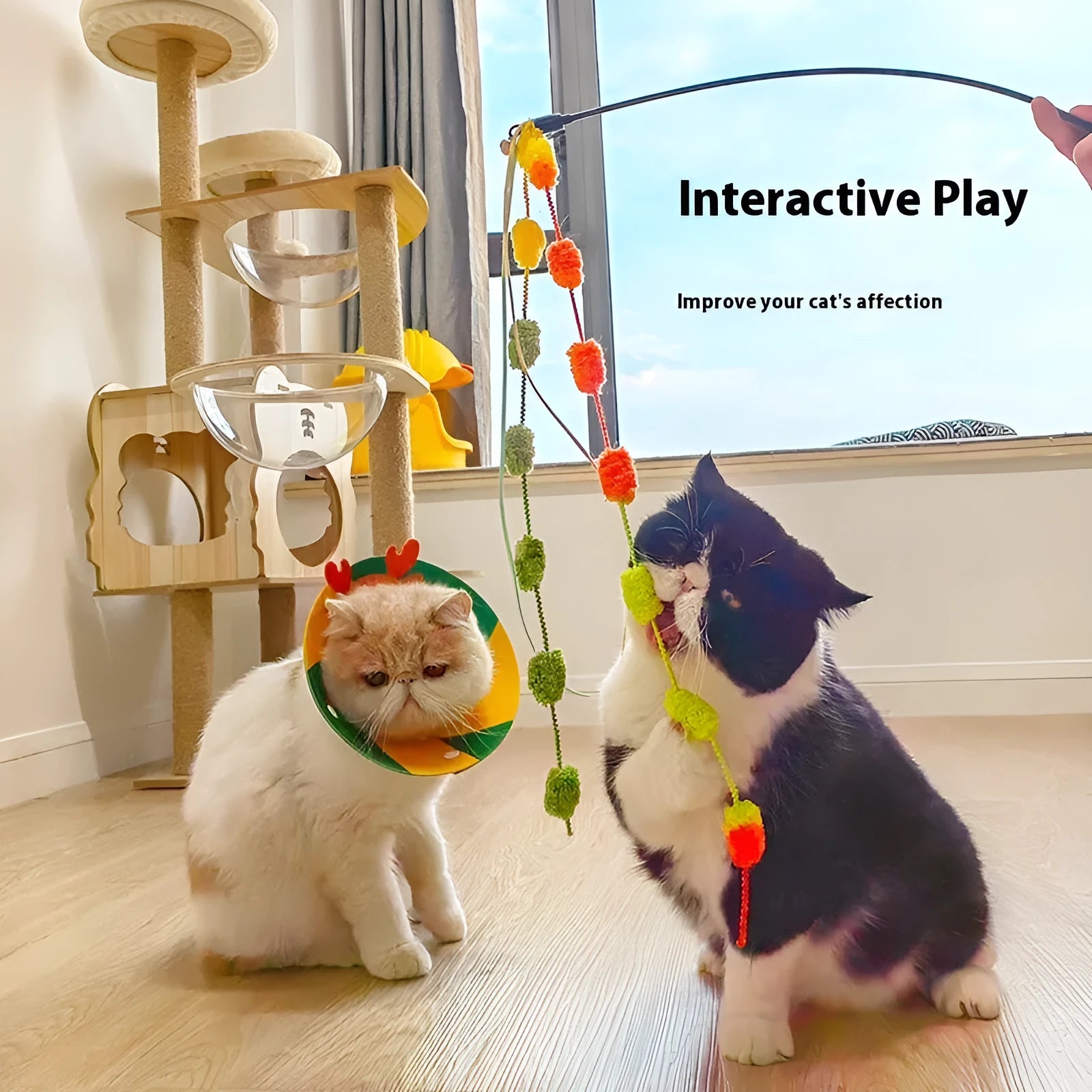 Rainbow cotton candy cat teaser wand with bell and 95cm aluminium alloy rod in blue pink, orange green, and light pink yellow colour options
