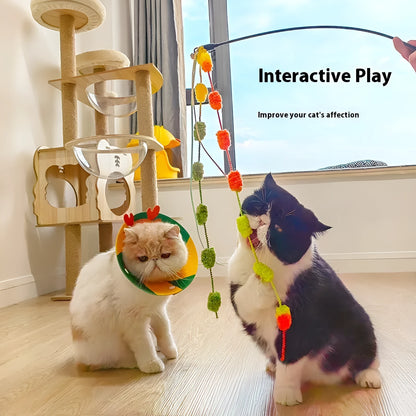 Rainbow cotton candy cat teaser wand with bell and 95cm aluminium alloy rod in blue pink, orange green, and light pink yellow colour options