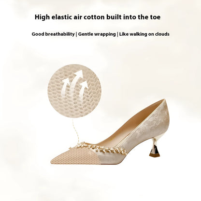 Chinese style satin wedding high heels with rhinestone detailing in champagne, green or silver