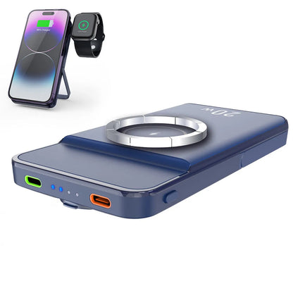 Black industrial style magnetic wireless power bank with 10000mAh capacity and bracket design