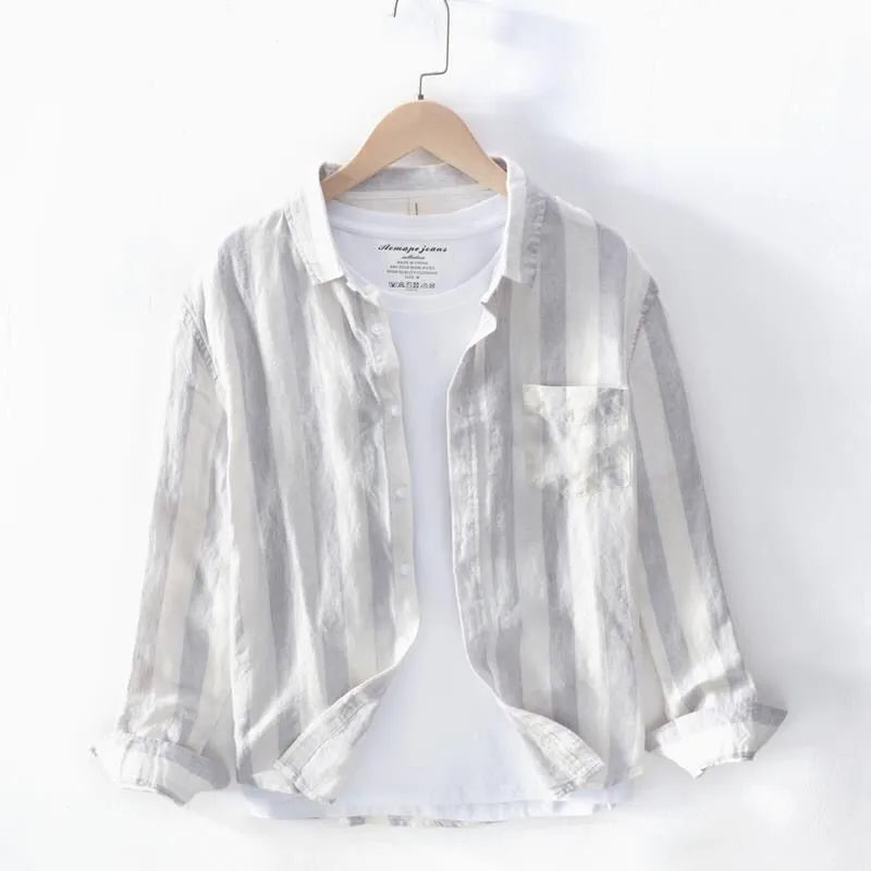 Men's plus-size Hong Kong style shirt with long sleeves in blue or light grey colour options