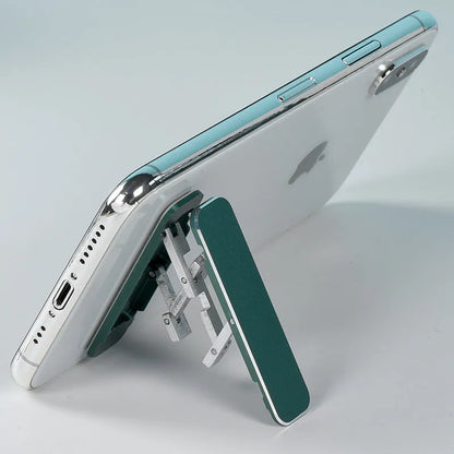 Aluminium folding mobile phone holder with backstick adhesive shown in black colour at 4mm thickness