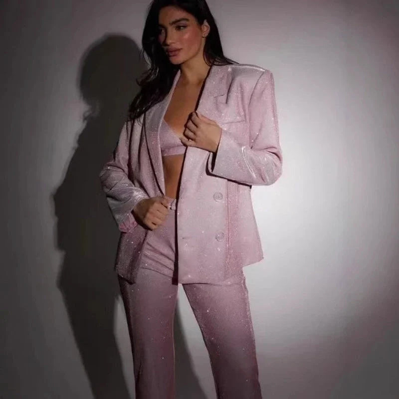 3-piece shiny polyester suit set with bra lapel blazer and straight-leg trousers for women