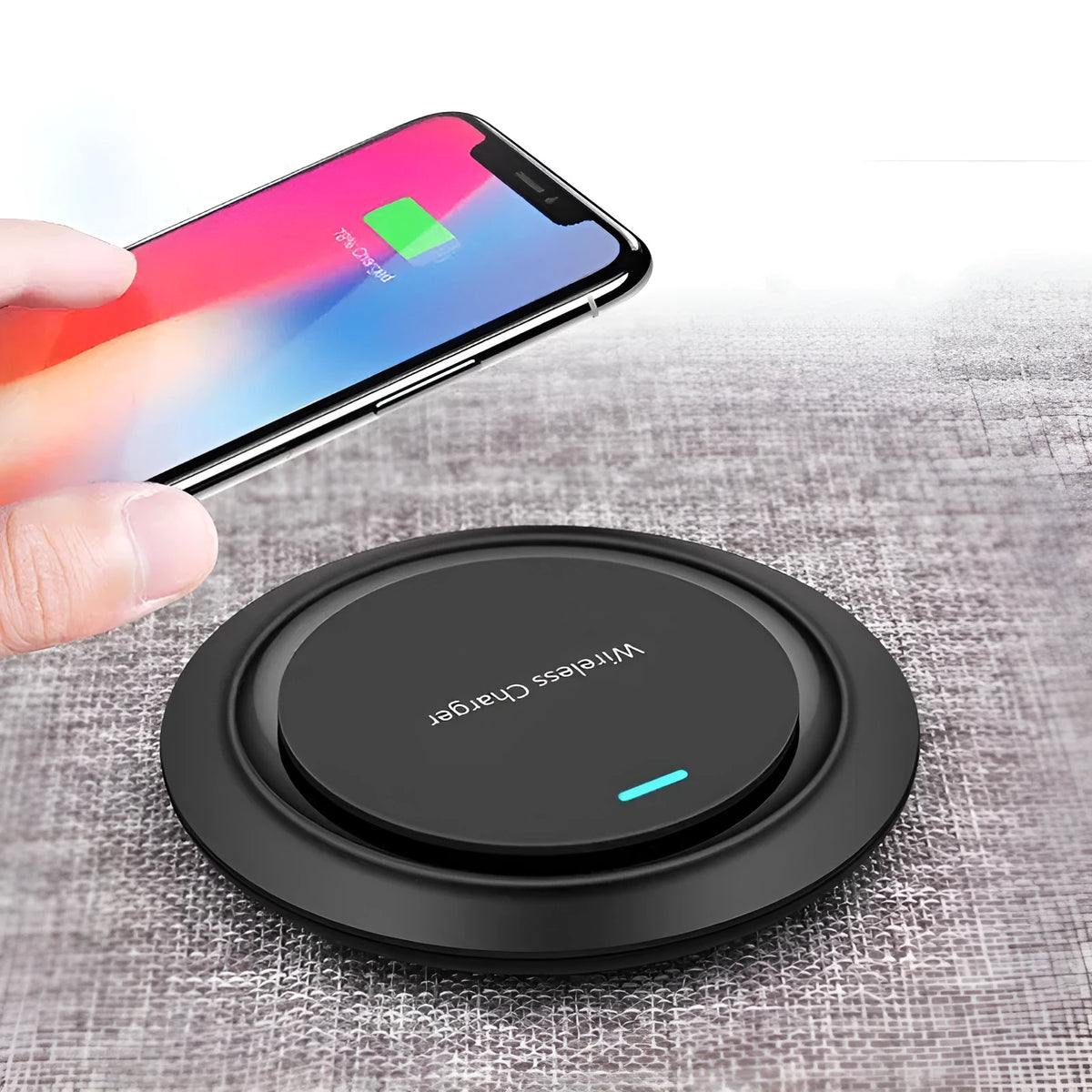 Round desktop wireless charger showing black and white colour options with USB cable