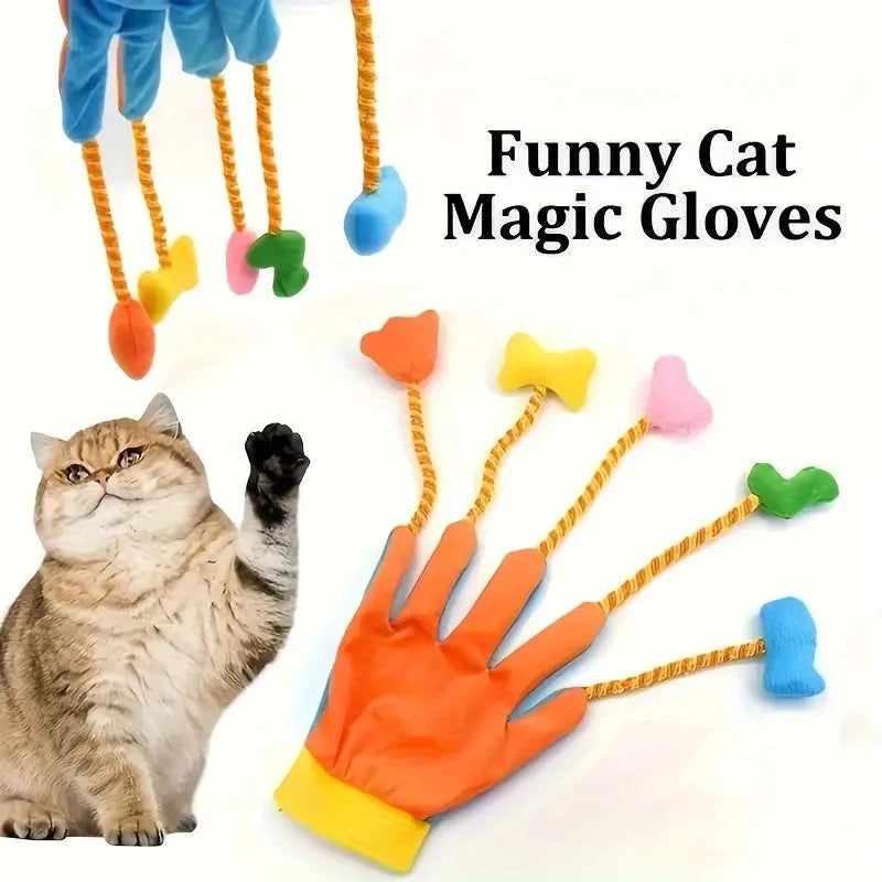 Magic Glove interactive cat toy with integrated bell and trailer, 40cm long plush pet play glove for chasing, batting, and engaging feline enrichment sessions in yellow and blue colour combinations