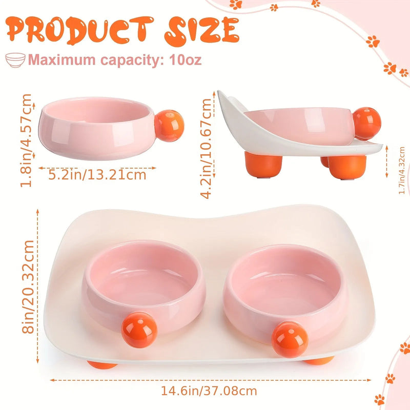 Ceramic raised pet bowl set for cats and small dogs with non-slip base and dual compartment design for food and water, featuring a 37cm elevated stand that lifts bowls 20cm off the floor in three colour choices: pink, pink yellow, and yellow.