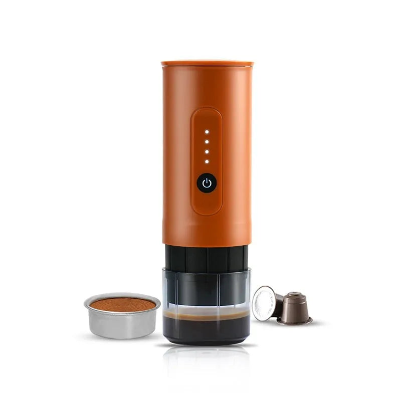 Portable stainless steel coffee machine with car charger power cord in Jungle Green colour.