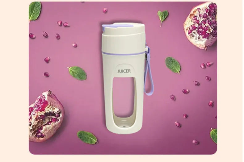 USB rechargeable portable blender cup with borosilicate glass liner in fresh orange, grass green, and light purple colours.