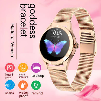 Women's sports smartwatch showing heart rate monitoring and available in black, rose gold, silver, or white colours.