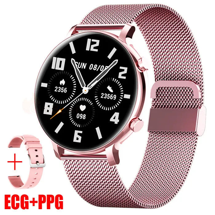 Bluetooth call smartwatch with stainless steel strap showing heart rate monitoring on screen