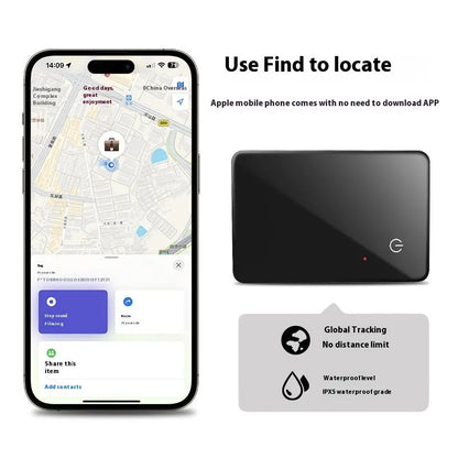 Black card-sized pet tracker with wireless charging and a hanging hole for collar attachment