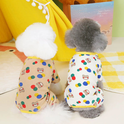 Beige dog clothing with colourful ball bear design, made from cotton and spandex blend, size L shown.