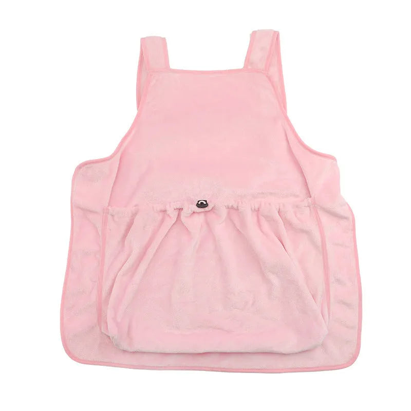 Beige plush pet carrier apron with adjustable neck strap and fresh air opening for small cat or dog