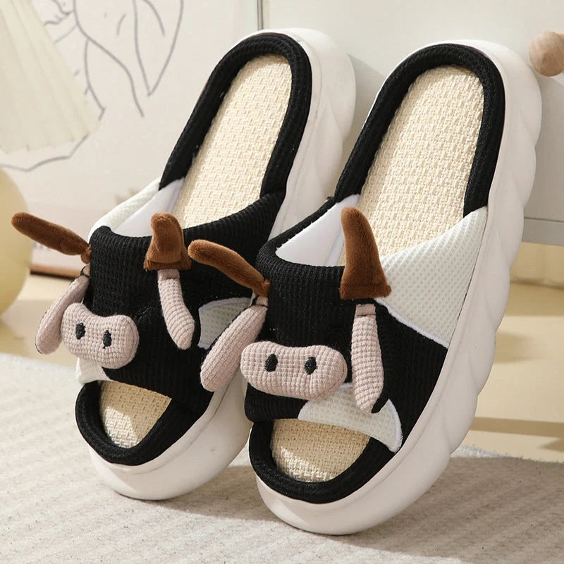Cartoon Cow Frog Linen Slippers with non-slip PVC sole in various colours