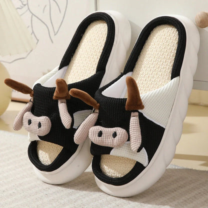 Cartoon Cow Frog Linen Slippers with non-slip PVC sole in various colours