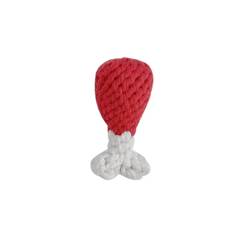 Premium cotton rope chew toys in various shapes and colors, including bones, hearts, and chicken thighs, designed for small dogs and puppies