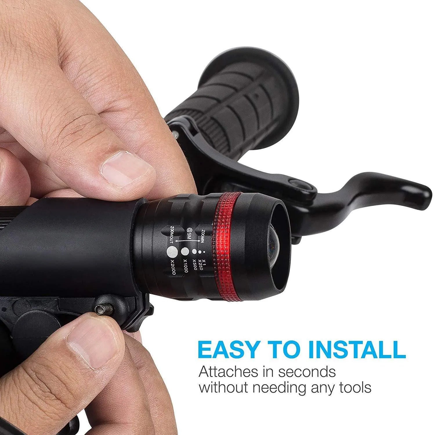 Bicycle front headlight and red rear taillight set with mounting brackets on a bike handlebar and seatpost.