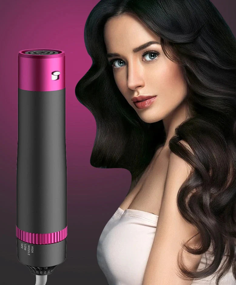 Gray 5-in-1 hot air comb curler hair dryer with styling comb and temperature adjustment buttons