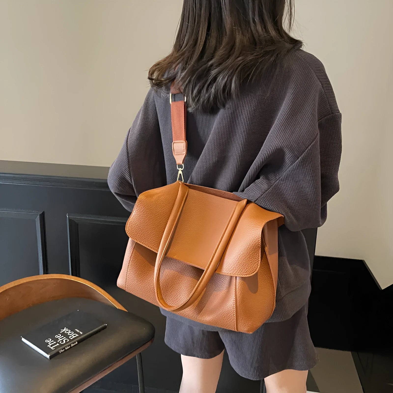 Horizontal square PU leather tote bag with double shoulder straps in khaki colour.