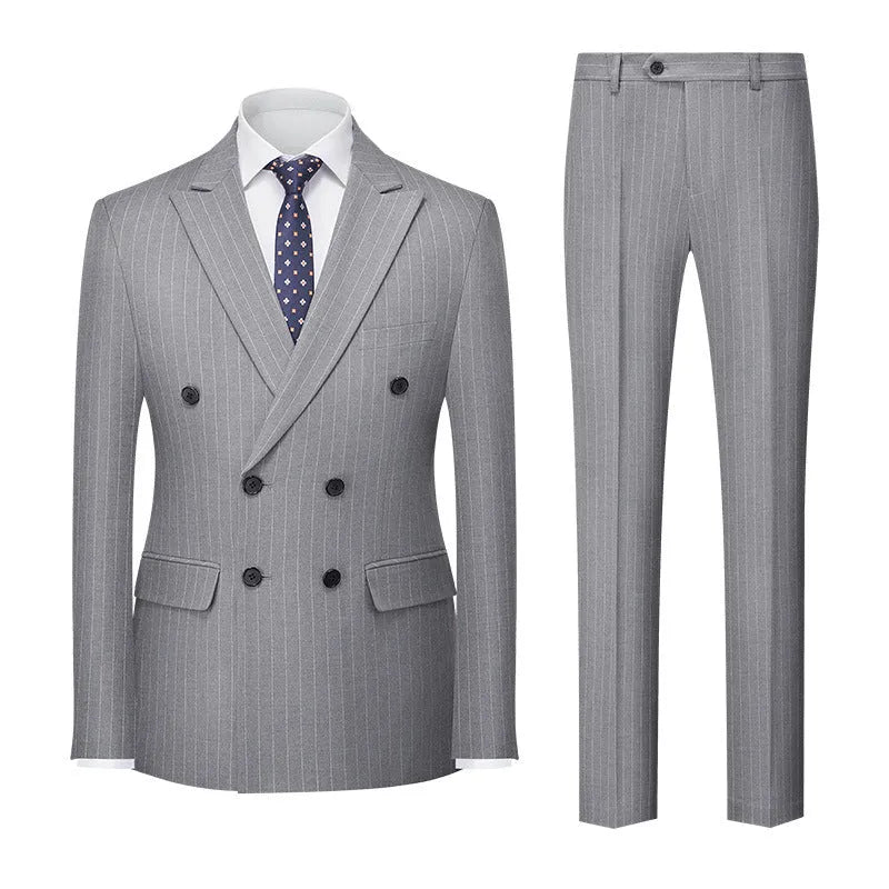Men's Striped Suit Double-Row Two-Button Trousers Suit in Slim Fit Business Formal Wear Suitable for All Seasons with Adhesive Interlining Cloth Craft and Chemical Fibre Blend Fabric Available in Seven Sizes from M to 5XL
