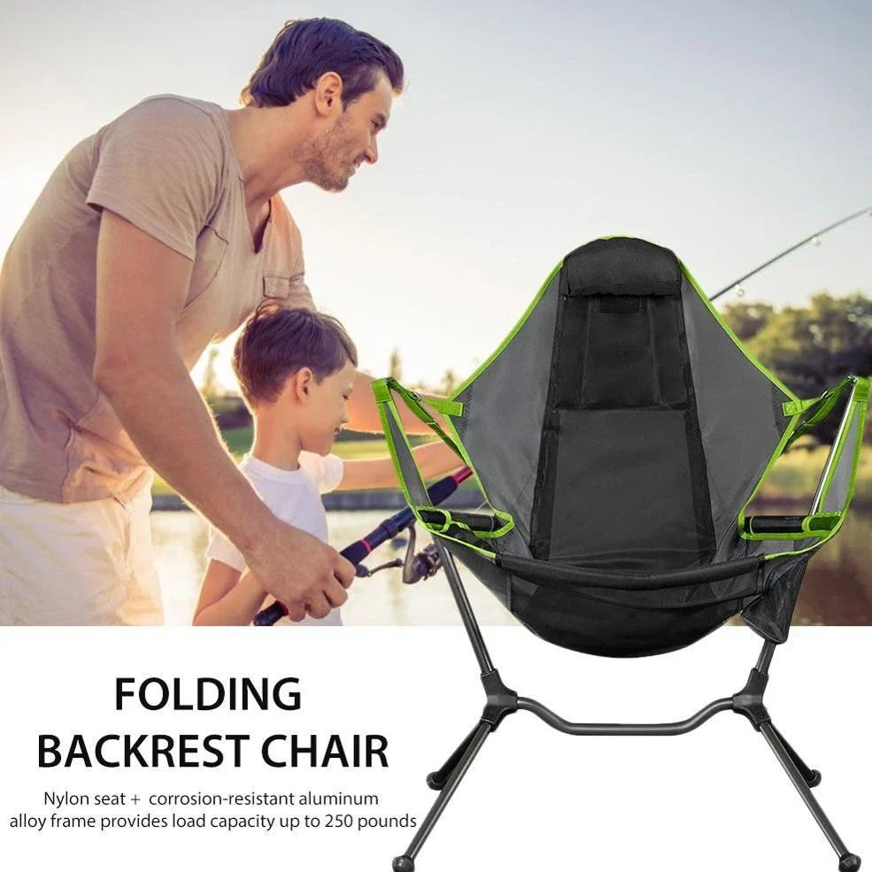 Green folding rocking chair unfolded on beach, 85cm tall with 60cm seat supporting 120kg