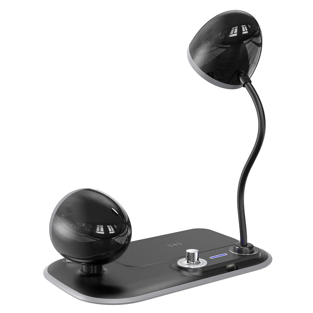Three-in-one desk lamp with digital clock display, wireless charging pad, and adjustable lighting in black or white finish