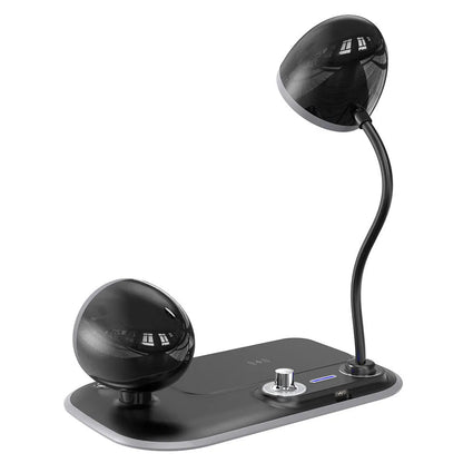 Three-in-one desk lamp with digital clock display, wireless charging pad, and adjustable lighting in black or white finish