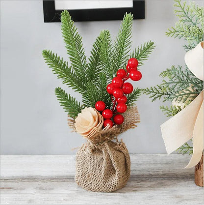 Mini artificial Christmas tree with red berries and snow flocking, 25cm
