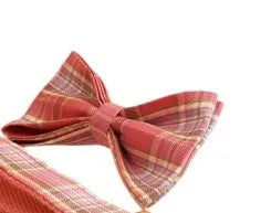 Red plaid cloth dog collar and leash set with matching bow on a white background
