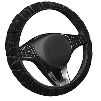 Short plush steering wheel cover in one of seven colours, fitting a 38cm steering wheel with non-slip grip
