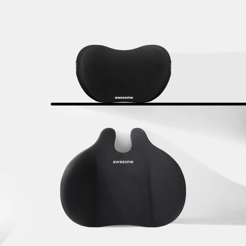 Car headrest and lumbar support pillow set in fabric with cotton filling.