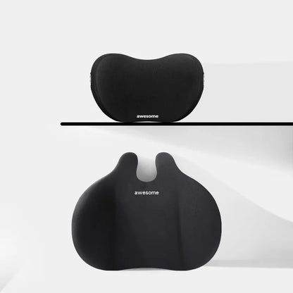Car headrest and lumbar support pillow set in fabric with cotton filling.