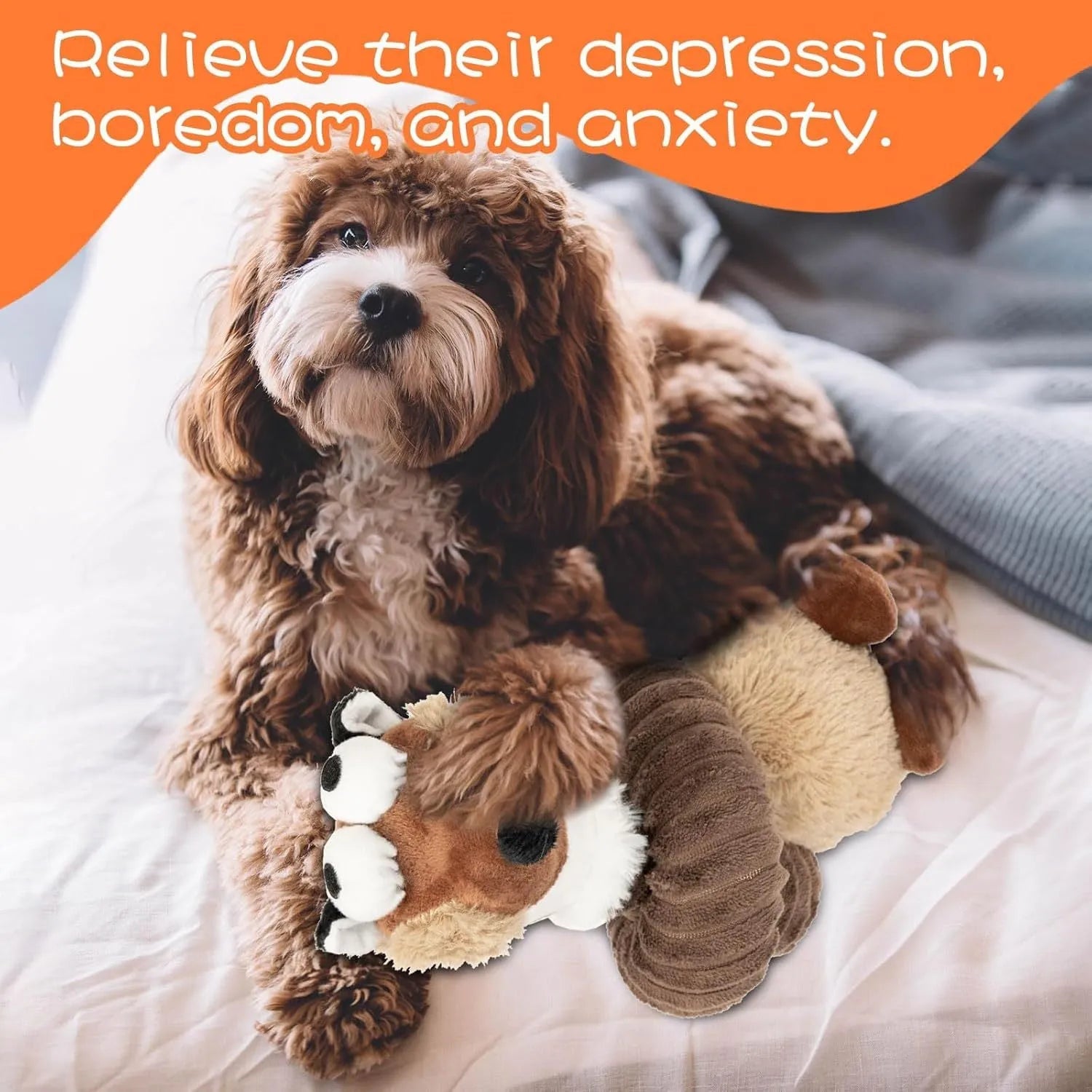 Brown, grey, and yellow plush dog toys with squeaky and crinkle features.