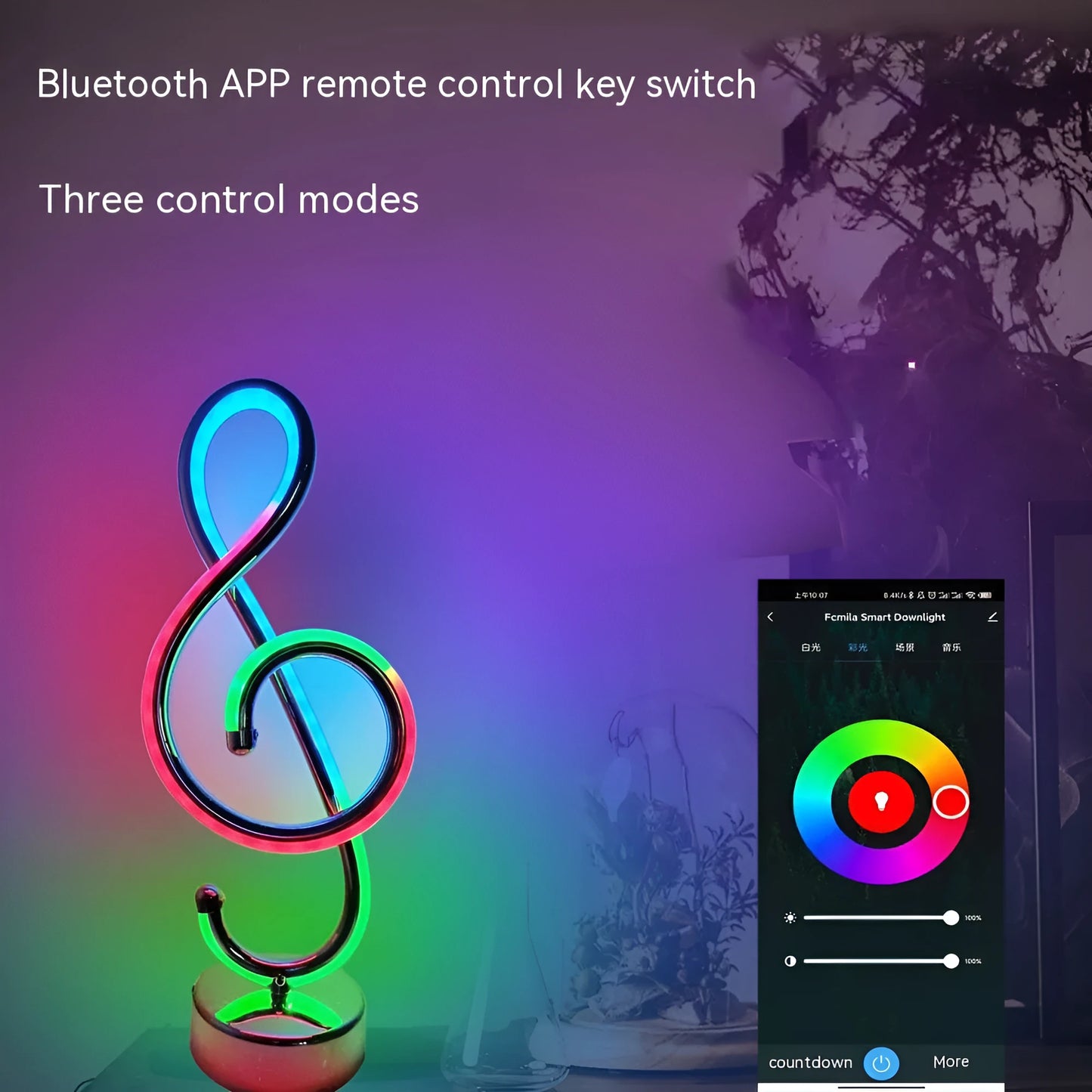 Black remote-controlled LED night light with Bluetooth remote on a bedside table.