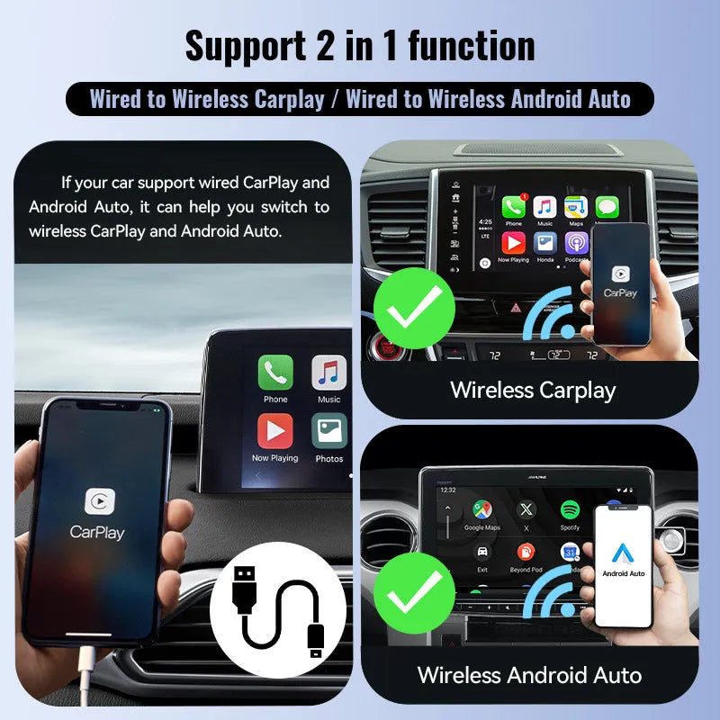 Black CarPlay USB wireless adapter showing compact design with USB connection interface