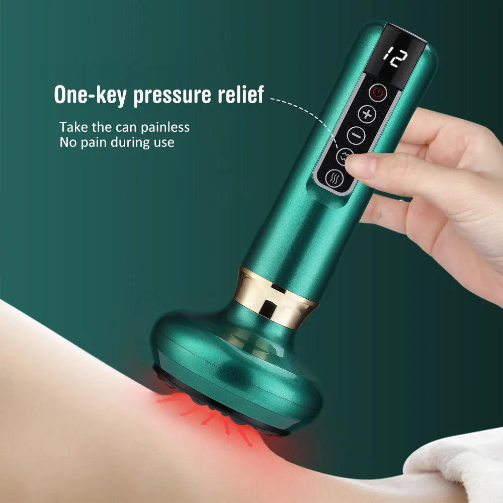 Green electric vacuum cupping massager with adjustable suction and infrared heating functions