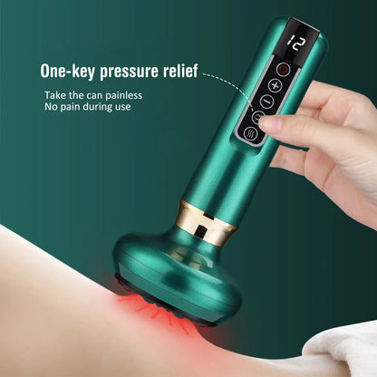 Green electric vacuum cupping massager with adjustable suction and infrared heating functions