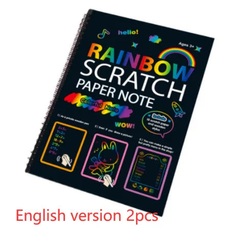 Children's large scratch art paper showing colourful patterns revealed through scraping