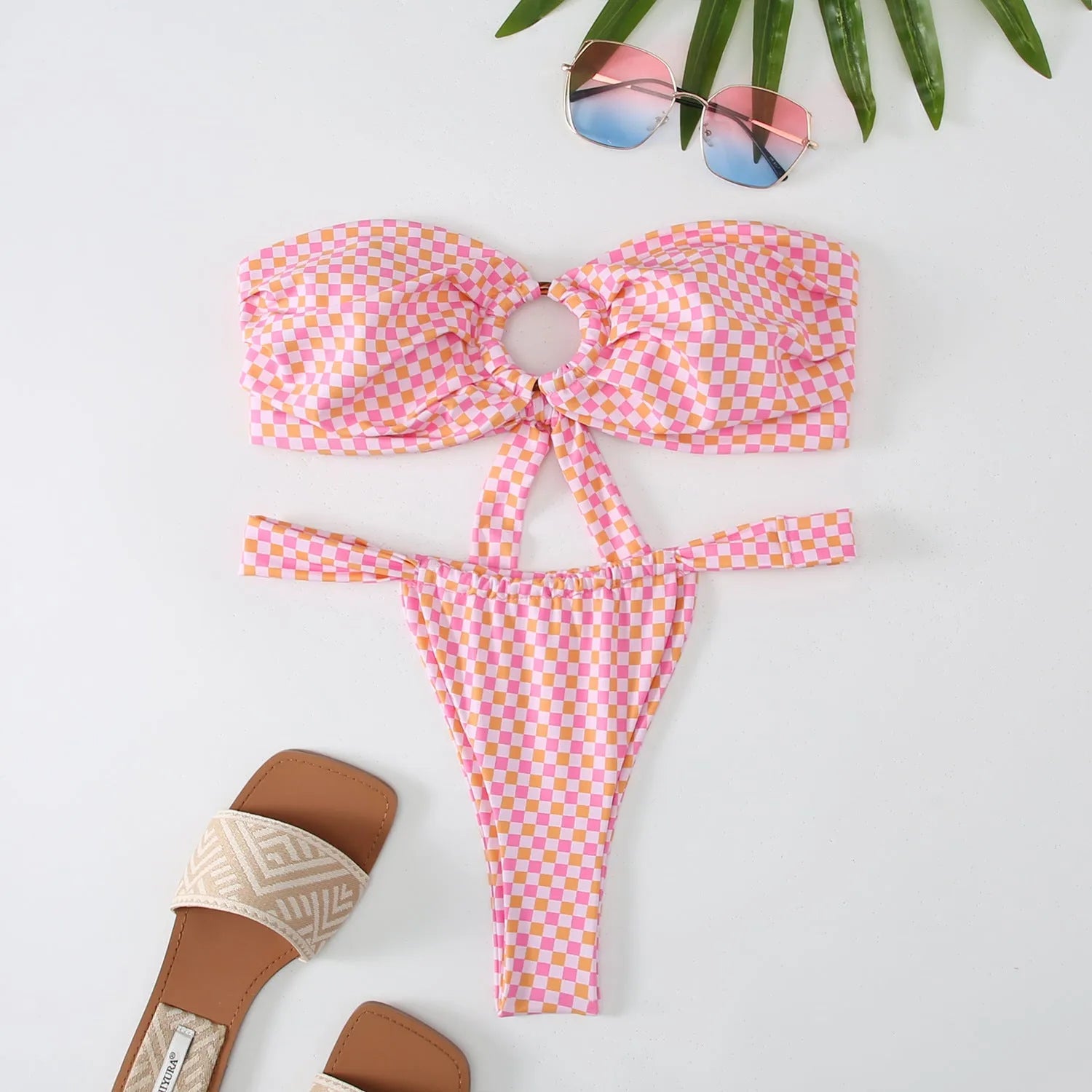 Women's floral print backless tube top bikini swimsuit set on a white background