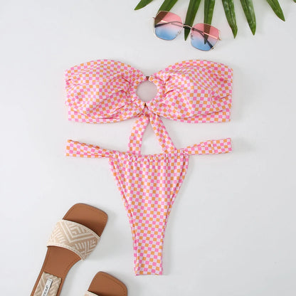 Women's floral print backless tube top bikini swimsuit set on a white background
