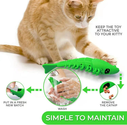 Blue hard rubber cat chew toy with catnip and a bell for dental care and interactive play.
